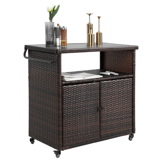 Outdoor Wicker Bar Cart with Glass Top and Wheels - Light Brown