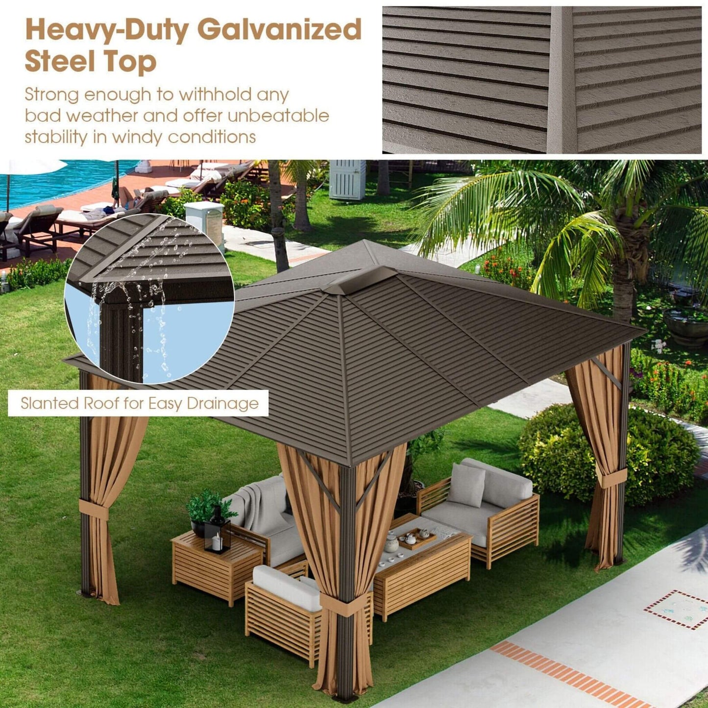 [10X12FT] Alora Premium Outdoor Hardtop Patio Gazebo With Galvanized Steel Top & Aluminum Frame (SAK74065)