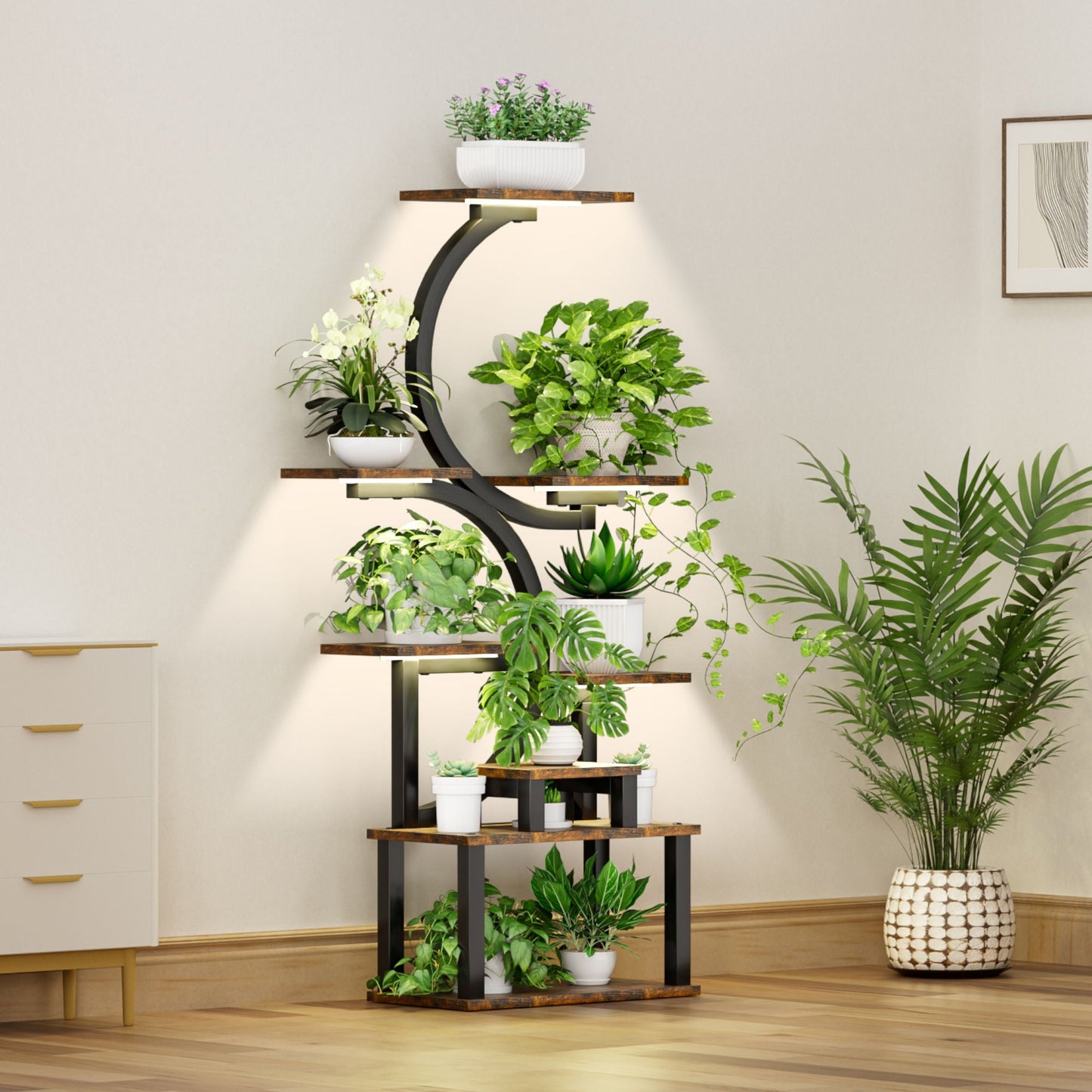 8 Tier Indoor Plant Stand With 5 Grow Lights For Living Room - Rustic Brown