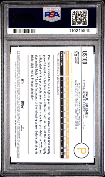 Graded 2024 Topps Update Paul Skenes #US100 Rookie RC Baseball Card PSA 10 Gem Mint