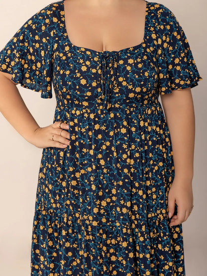 Printed Short Sleeve Slit Tiered Maxi Dress