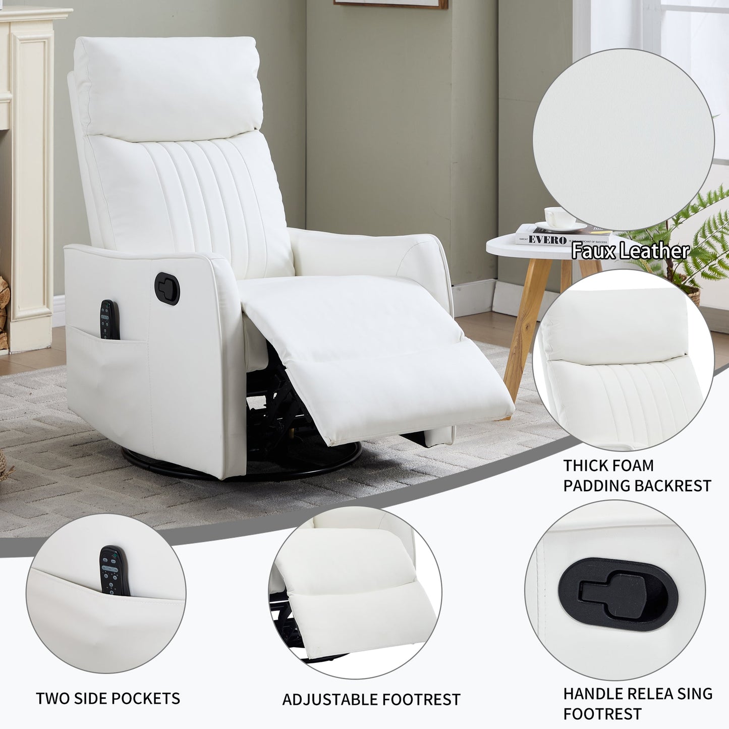 White Heat Massage Manual Recliner Chair with Rocker and Swivel in Faux Leather