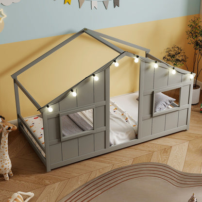 Twin Size House Bed with LED Lights Montessori Slat-free Floor Bed