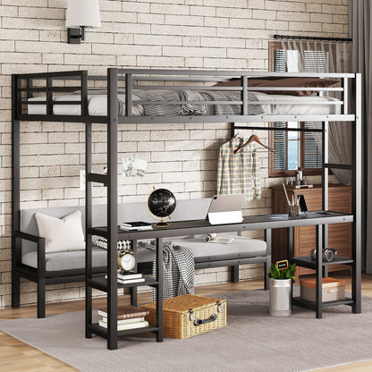 Queen Over Twin XL Metal Bunk Bed with Desk and Shelves