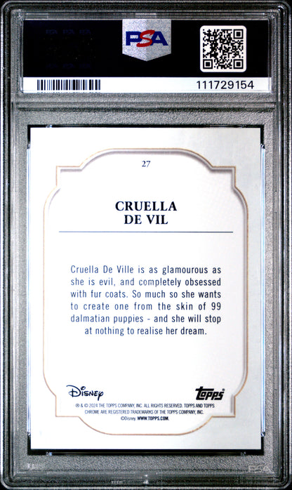 Graded 2024 Topps Chrome Disney Cruella De Vil #27 Purple Refractor #/199 101 Dalmations Trading Card PSA 10 Gem Mint