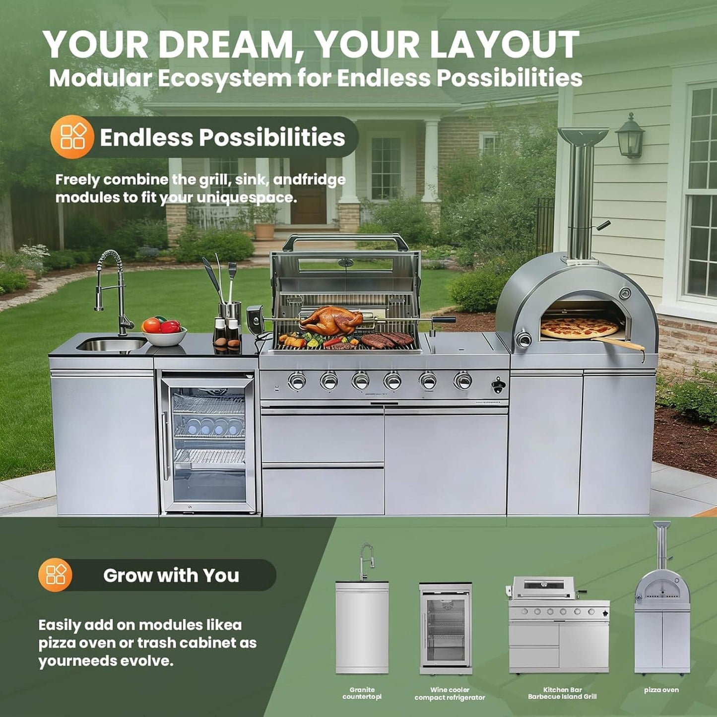 Blazon 112-Inch 4-Burner 108K BTU Outdoor Kitchen Island With Pizza Oven, Rotisserie & Refrigerator (SAK94565)
