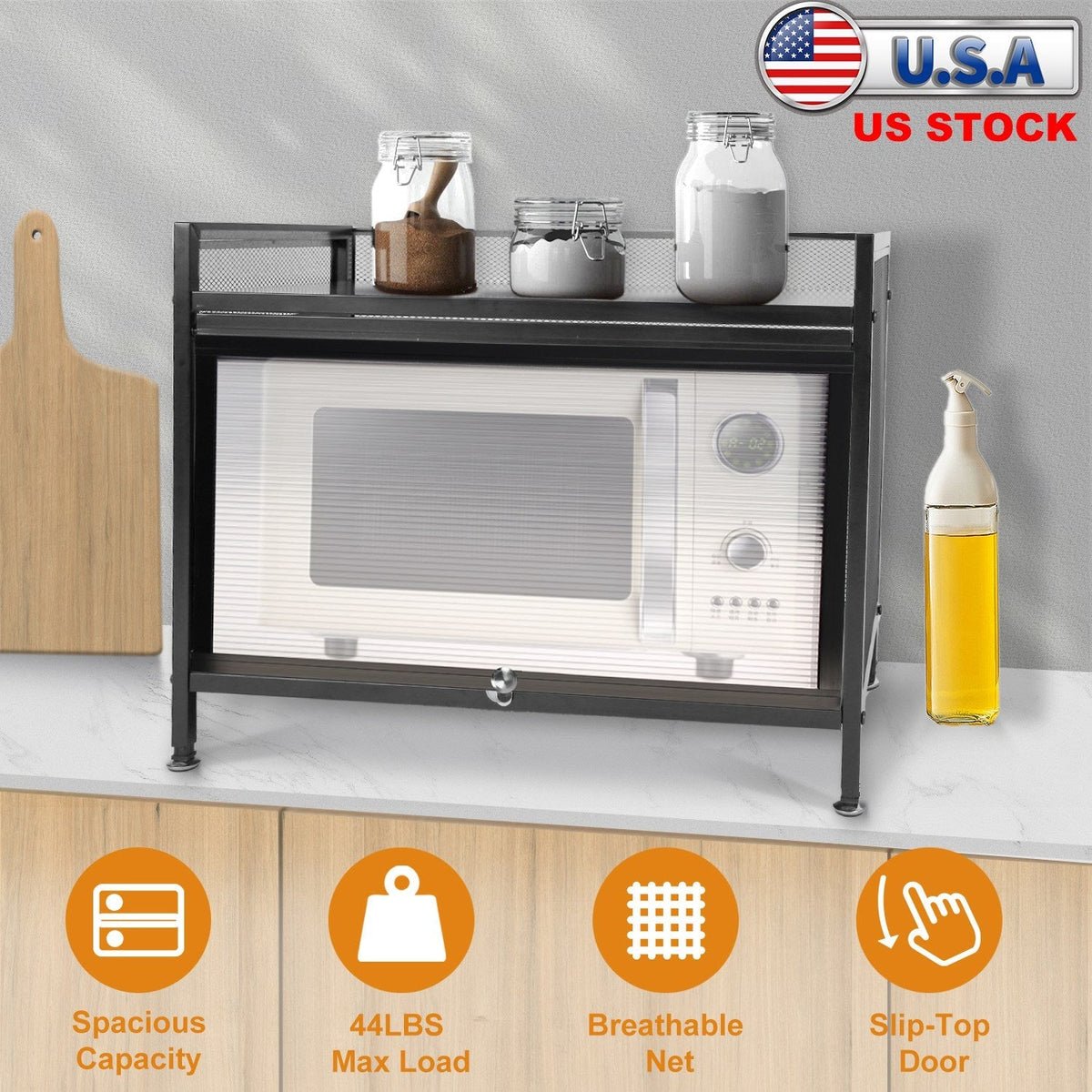 Bakers Rack Carbon Steel Kitchen Storage Cabinets Microwave Stand Kitchen Shelves with Microwave Compatibility Translucent Door Net Panel