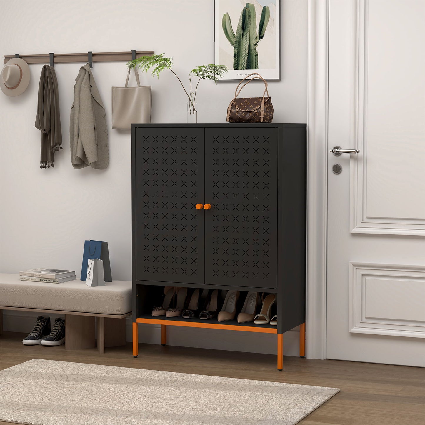 Grid Double Door Shoe Cabinet With Adjustable Compartments and Moisture-Proof Design
