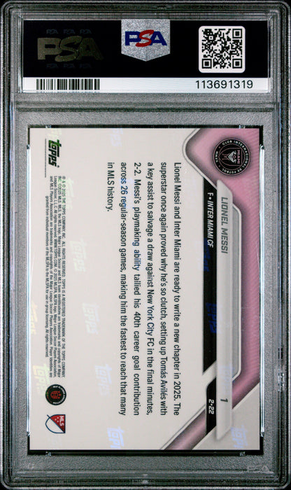 Graded 2025 Topps Now Lionel Messi #1 Fastest MLS Player to 40 Goal Contributions Soccer Card PSA 10 Gem Mint