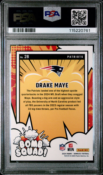 Graded 2024 Panini Donruss Drake Maye #28 Bomb Squad Rookie RC Football Card PSA 10 Gem Mint