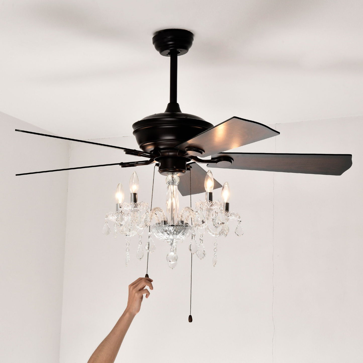 52" Crystal Shade Ceiling Fan Lamp, 3 Speed, 4 Timing, 5 Reversible Blades Crystal Ceiling Fan, 5 Pieces X E12 (No Include Bulb), Hand Pull Chain - Matte Black