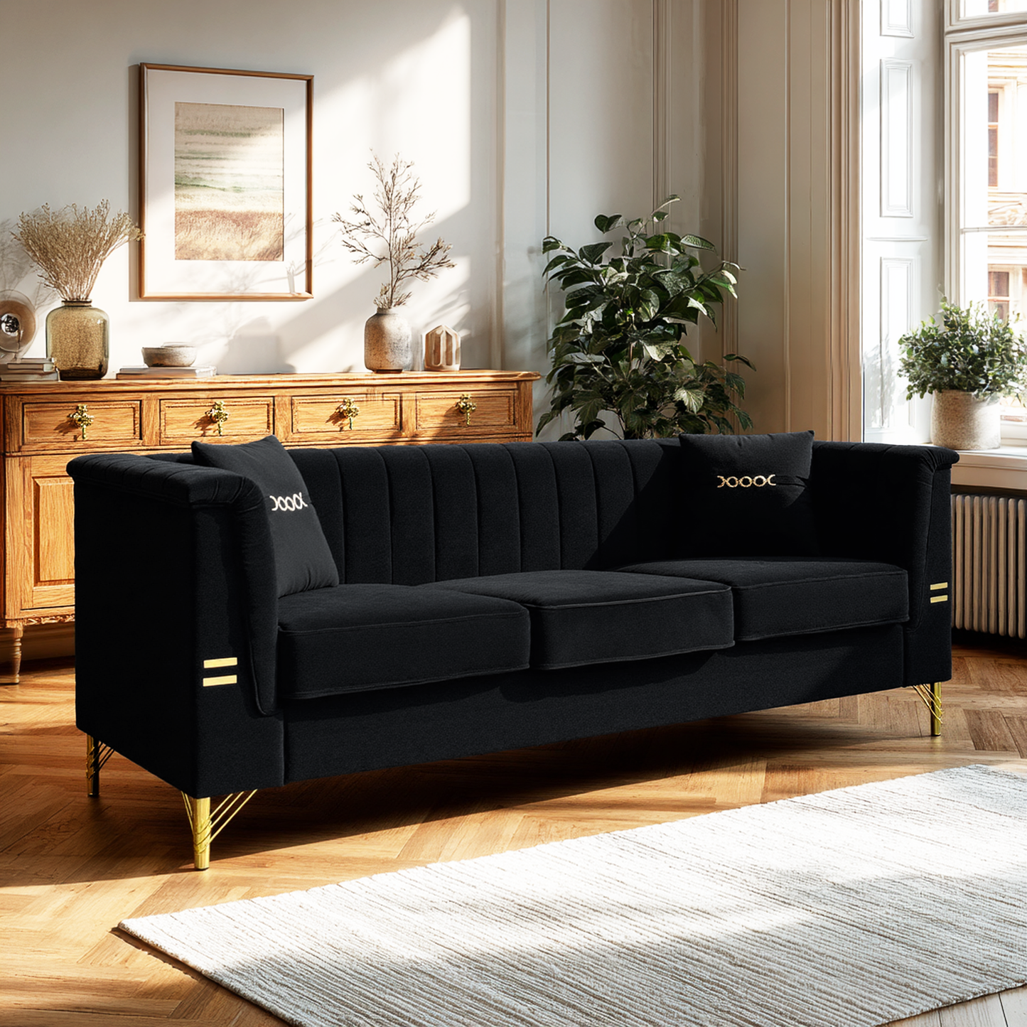 FX-P82-BK2 Modern Velvet 3-Seater Sofa with 2 Pillows