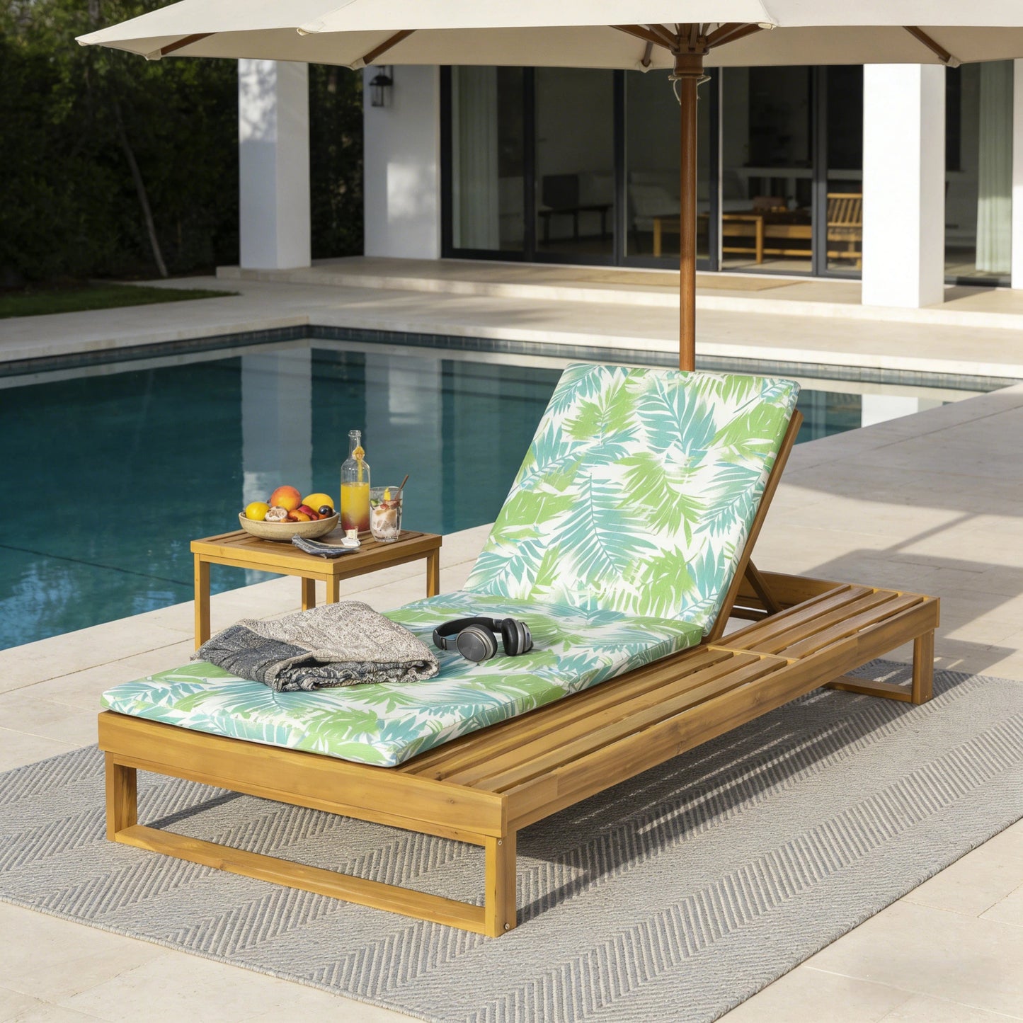 Teak Finish Acacia Wood Chaise Lounge with Leaf Coconut Cushion
