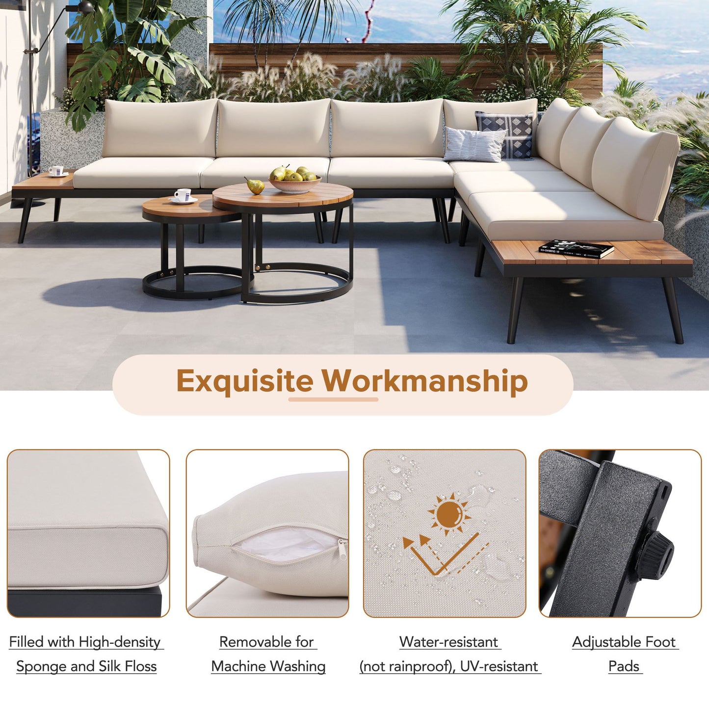 Modern Outdoor Sectional Sofa Set With Nesting Coffee Tables