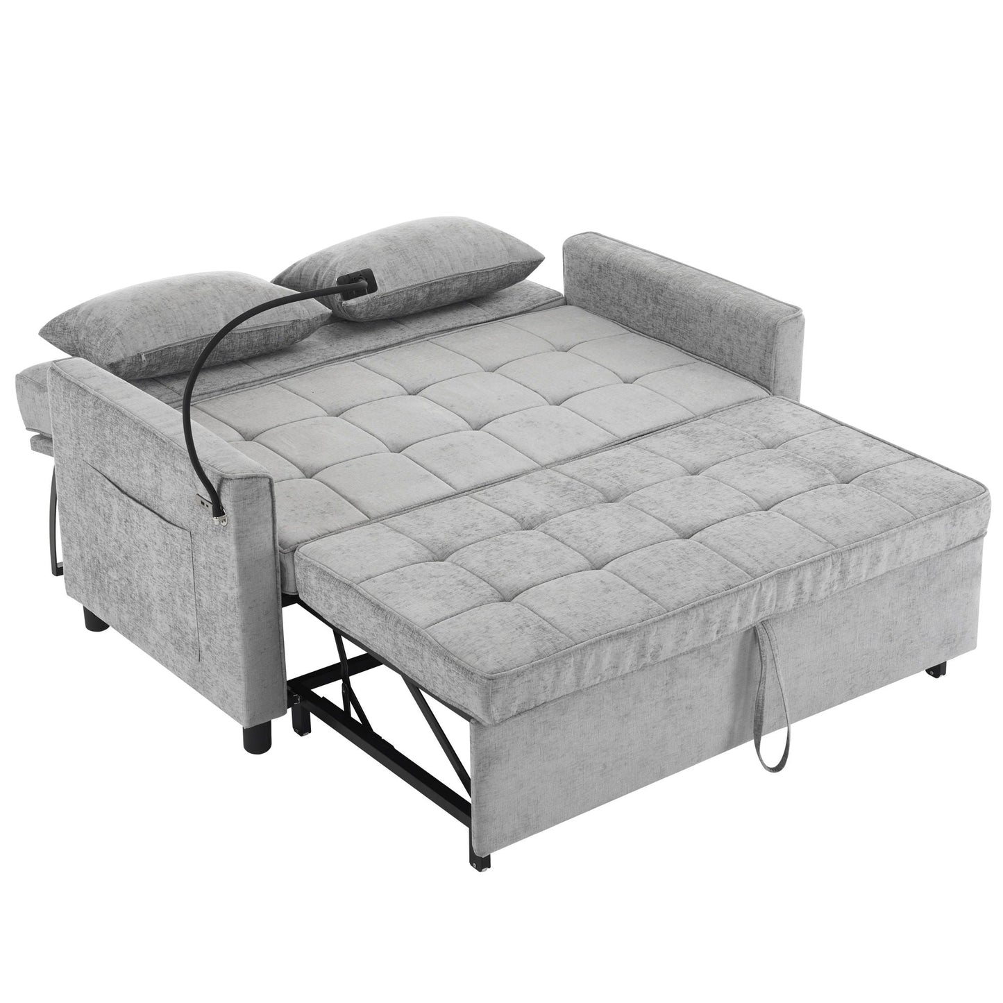 Pull-Out Sleeper Sofa With Reversible Backrest Cushion, Side Pockets, 2 USB Ports And A Phone Holder For Living Room