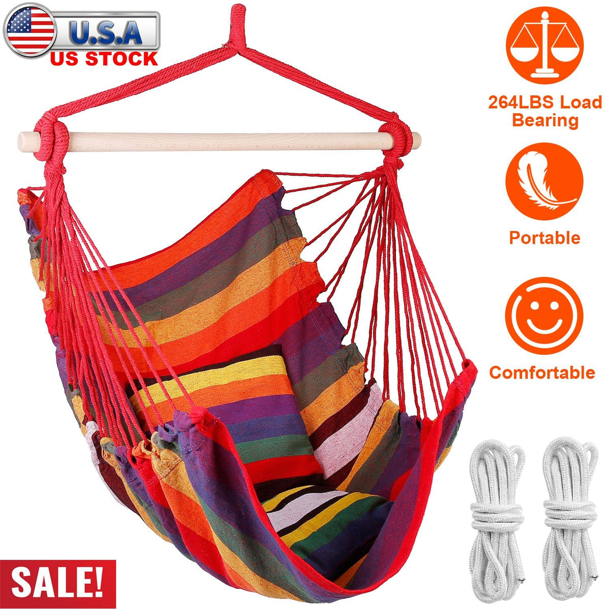 Hammock Hanging Chair Canvas Porch Patio Swing Seat Portable Camping Rope Seat Wooden Stick Hammock Chair with 2 Pillows 265LBS Load-bearing