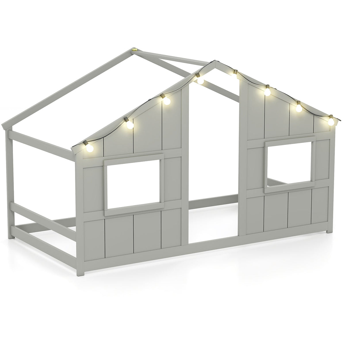 Twin Size House Bed with LED Lights Montessori Slat-free Floor Bed
