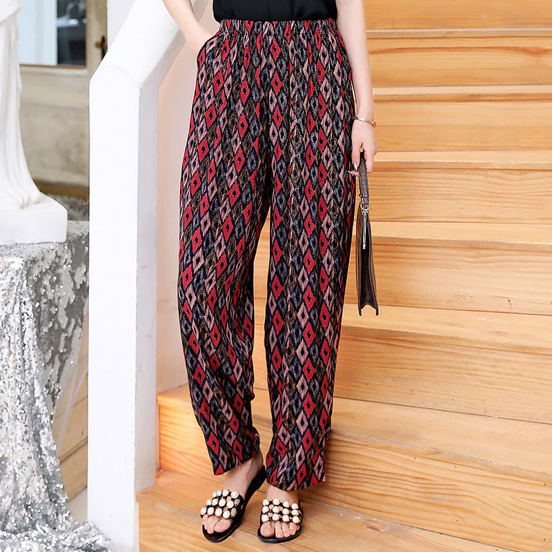 Vibrant Red & Blue Floral Cotton Linen Bloomers | Plus Size Breathable Mother Pants High-Waisted Comfort Slacks