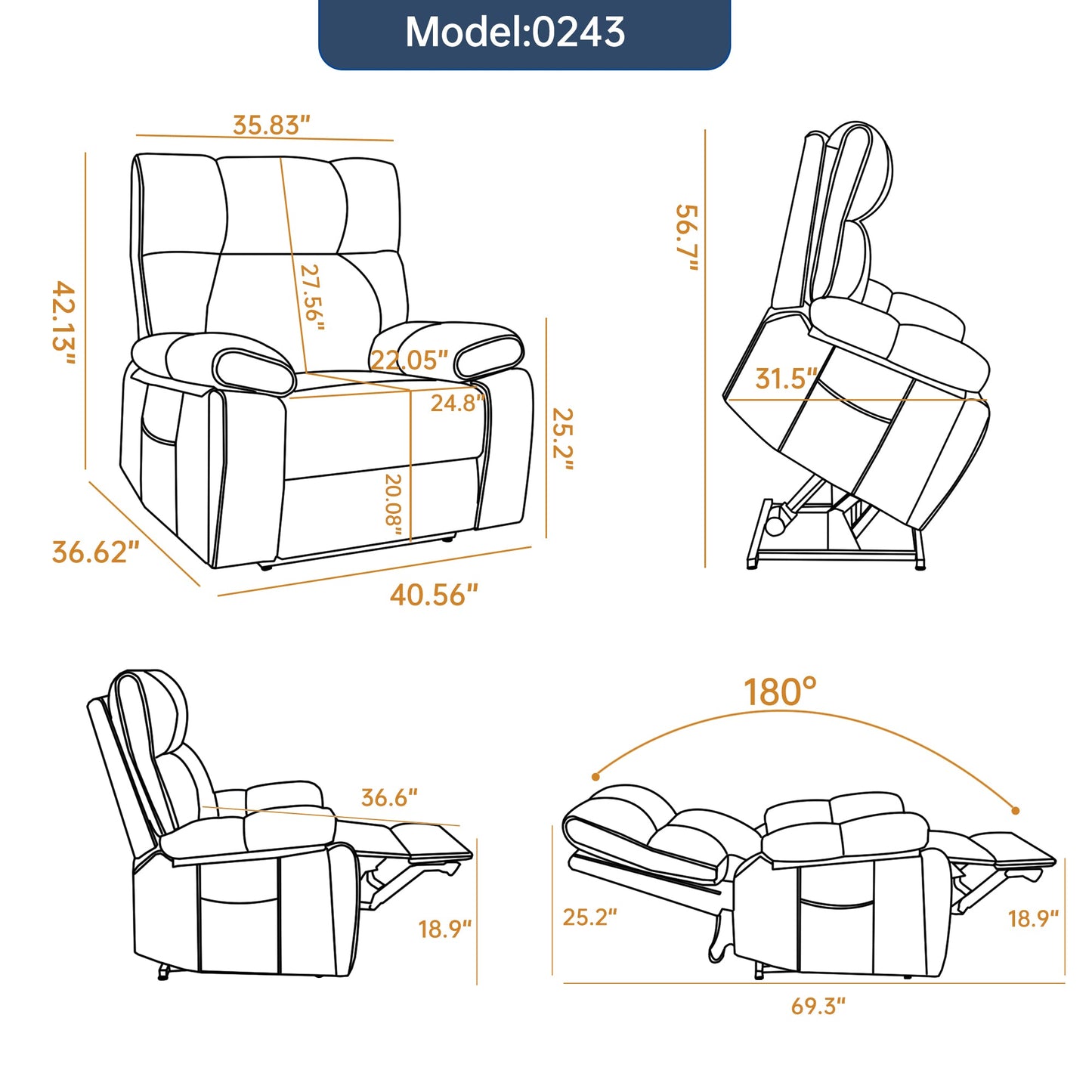 Orange Leatheraire Heat Massage Dual Motor Lift Recliner