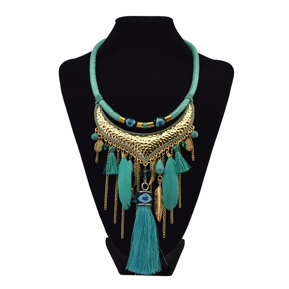 BLUEGREEN Feather Leaf Tassel Necklace - Bohemian Jewelry for Women