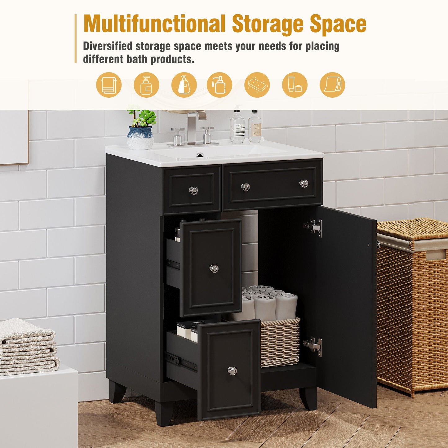Transitional Style Bathroom Vanity Cabinet With Ceramic Sink