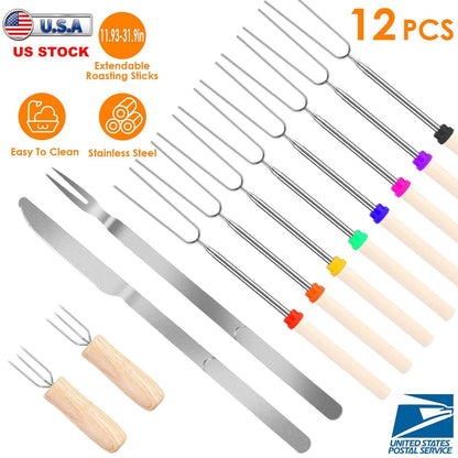 Stainless Steel Roasting Sticks Set 31.9in Extendable Telescoping Marshmallow Hot Dog Fork Skewers Set w/ Corn Needles Fork Knife For BBQ Fire Pit Cam