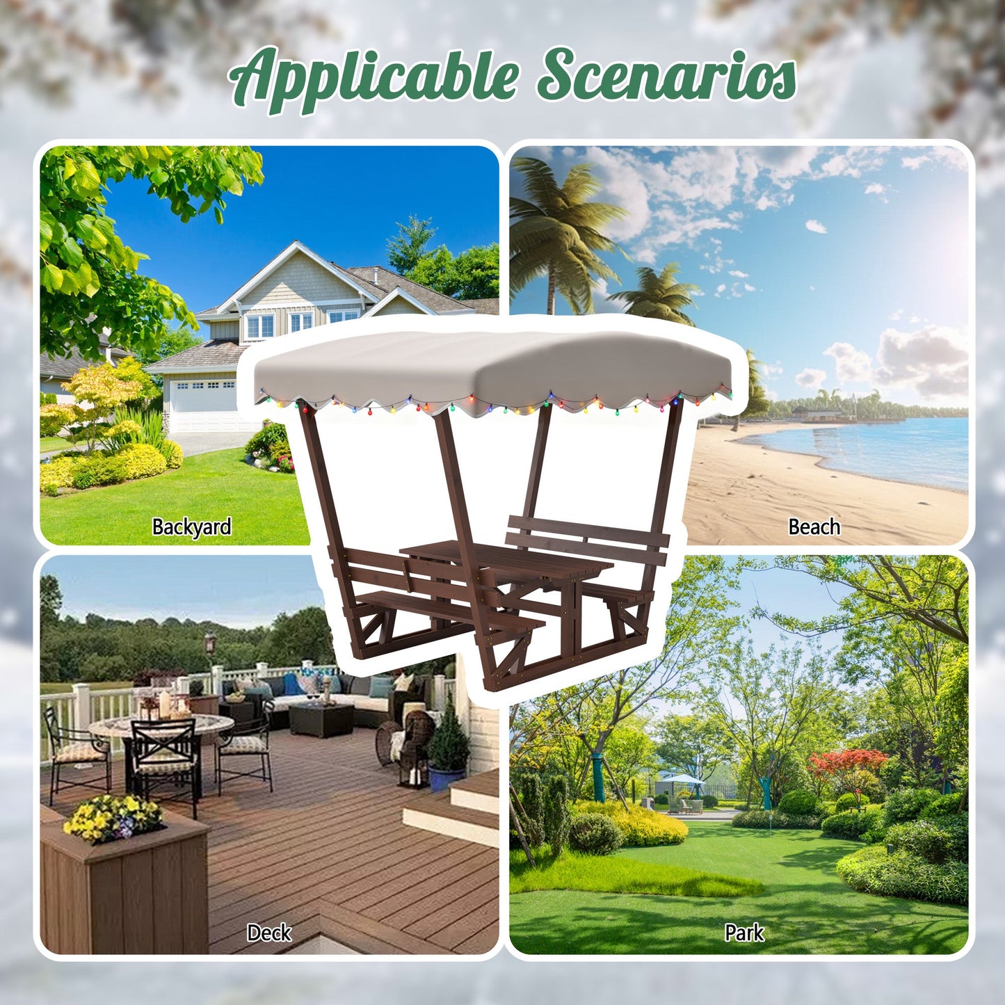 Outdoor Waterproof Solid Wood Picnic Table and Bench Set with Removable Canopy
