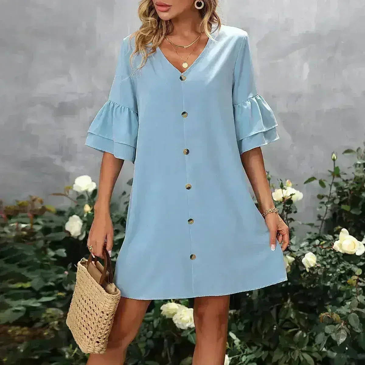 V-Neck Mini Dress – Ruffled Detail & Decorative Buttons