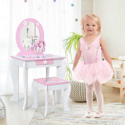 Kids Wooden Makeup Dressing Table and Chair Set with Mirror and Drawer