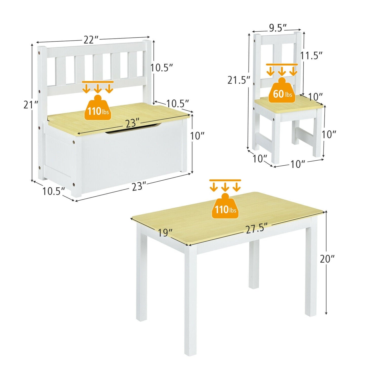 4 Pieces Kids Wooden Activity Table and Chairs Set with Storage Bench and Study Desk-Natural