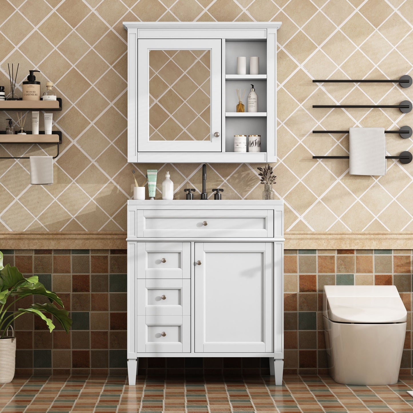 Bathroom Vanity With Medicine Cabinet, Royal Mirror Cabinet, Modern Bathroom Storage Cabinet With 2 Soft Closing Doors And 4 Drawers