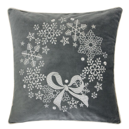 Gray Velvet Holiday Throw Pillow with Snowflake Wreath Embroidery
