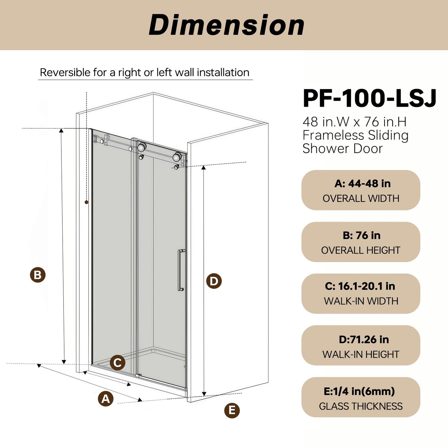 Frameless Single Sliding Shower Door With Handle And Square Tube Track