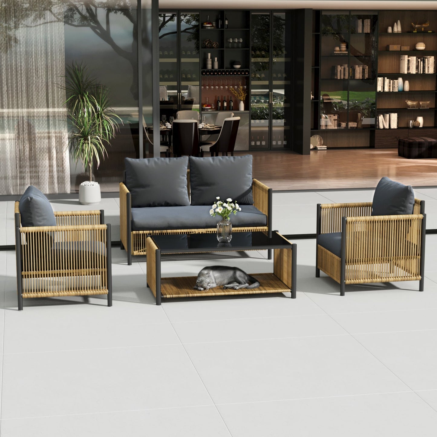Patio 6-Piece Brown PE Wicker Sofa Set with Grey Cushions