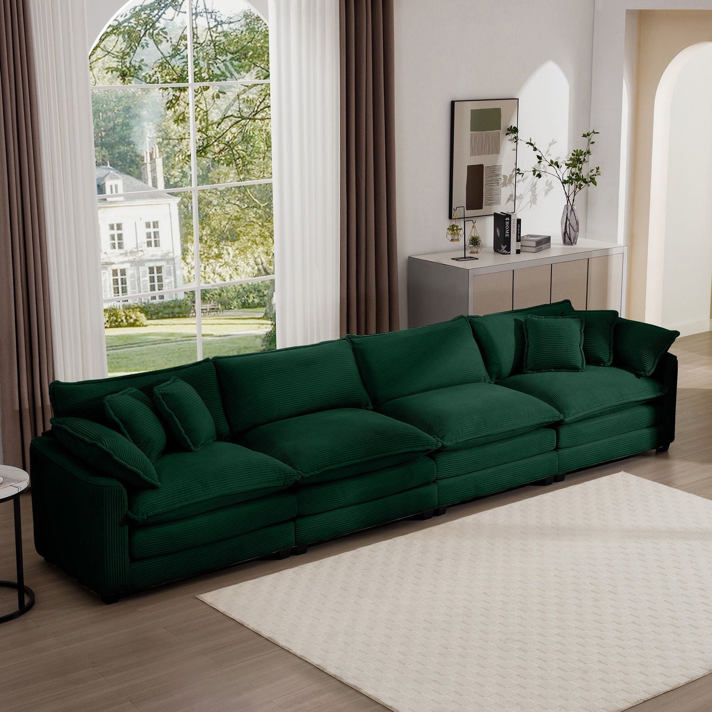 Modern Upholstered 4 Seater Fabric Sofa With Arm And Throw Pillows