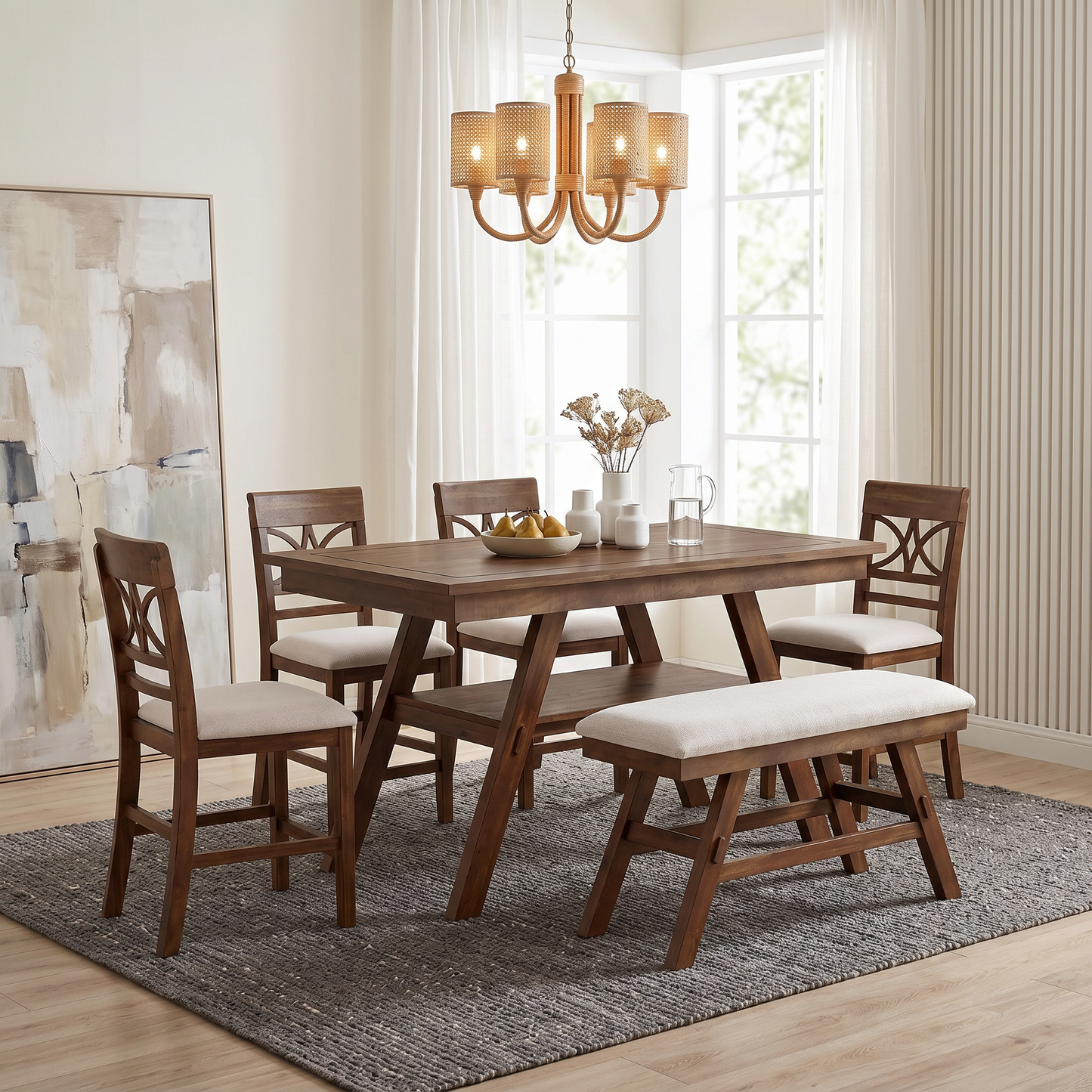 Topmax 6-Piece Wood Counter Height Dining Table Set with Storage Shelf