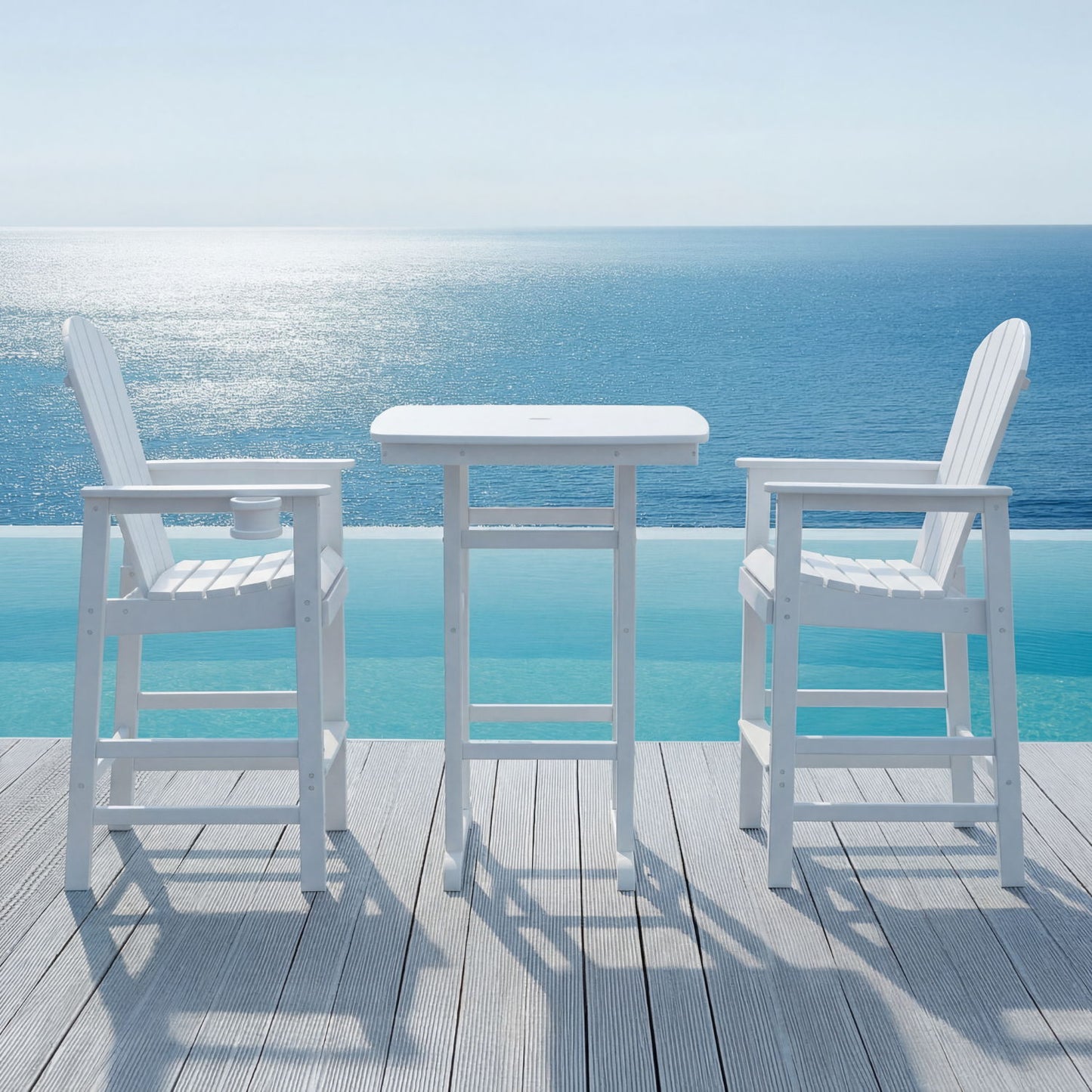 Outdoor Bar Height Adirondack Patio Chair With Cup Holder And Armrests All Weather UV Resistant - White