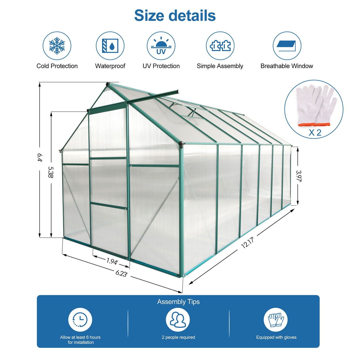 Polycarbonate house Raised Base And Anchor Aluminum Heavy Duty Walk-In houses For Outdoor Backyard In All Season