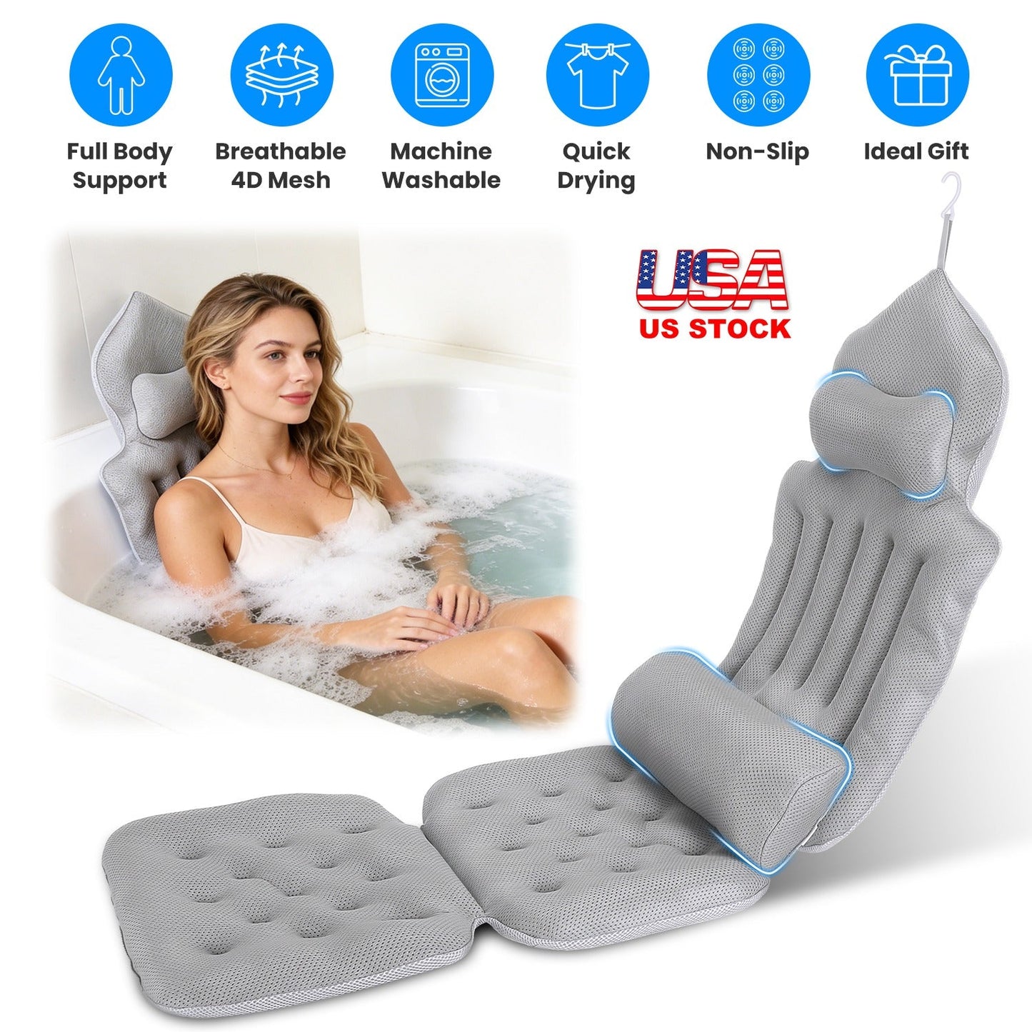 Full Body Bath Pillow with Lumbar Support & Suction Cups