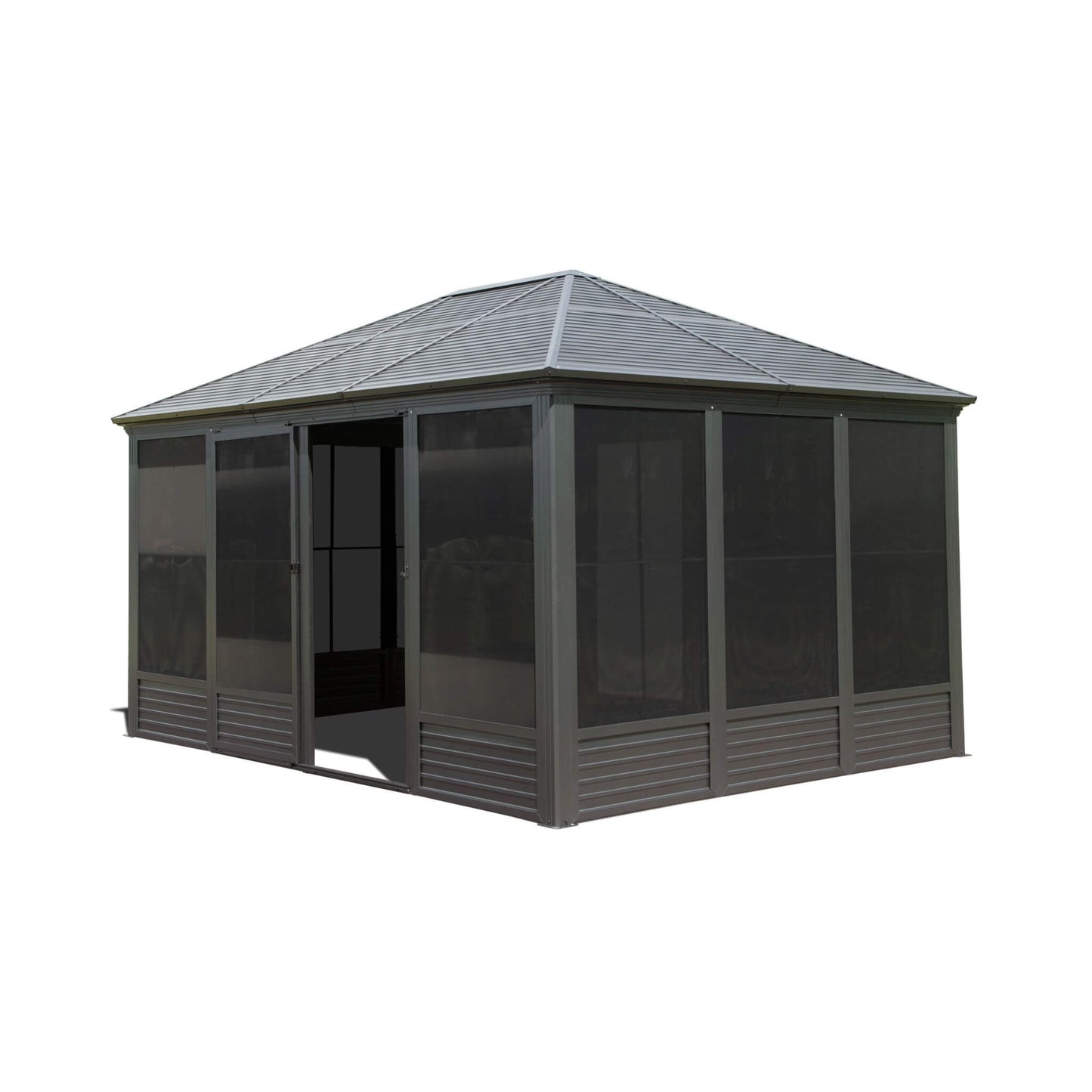 [11X14FT] Alora Meridian Premium Four Season Outdoor Aluminum Hardtop Gazebo Sunroom With Galvanized Steel Roof, Sliding Doors And Movable PVC Screen Walls (SAK88776)