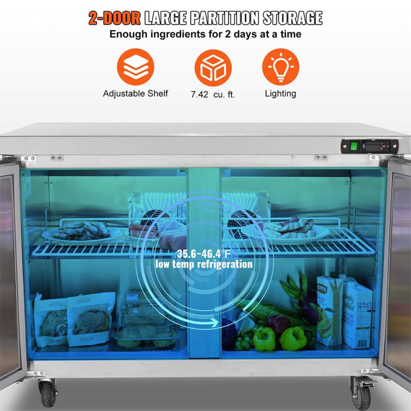 12.9 Cu.Ft 2-Door 48-Inch Commercial Stainless Steel Worktop Undercounter Refrigerator (SAK26049)