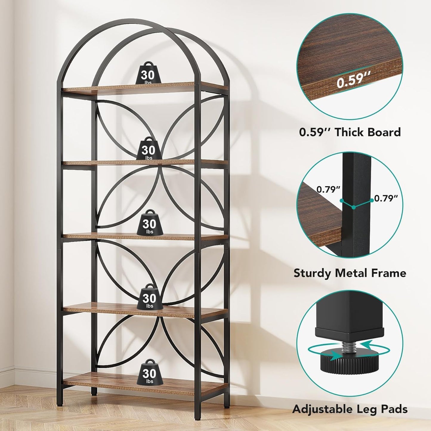 Tall 5 Tier Arched Bookshelf With Shelves For Living Room - Rustic Brown