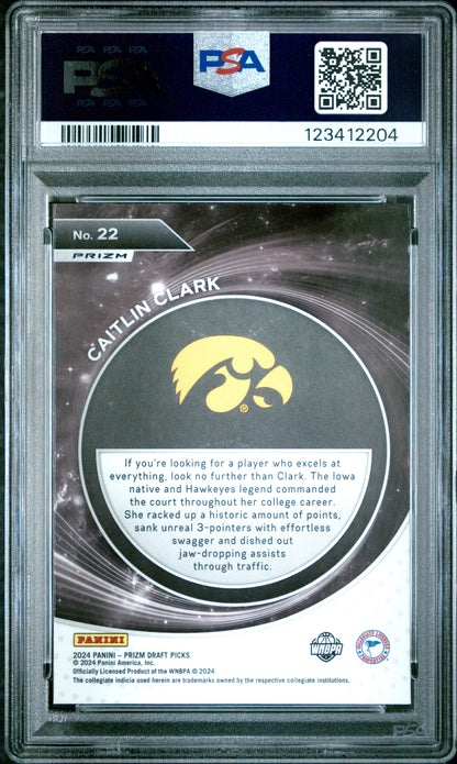 Graded 2024 Panini Prizm Draft Picks Caitlin Clark #22 Student Orientation Ice Rookie RC Basketball Card PSA 10 Gem Mint