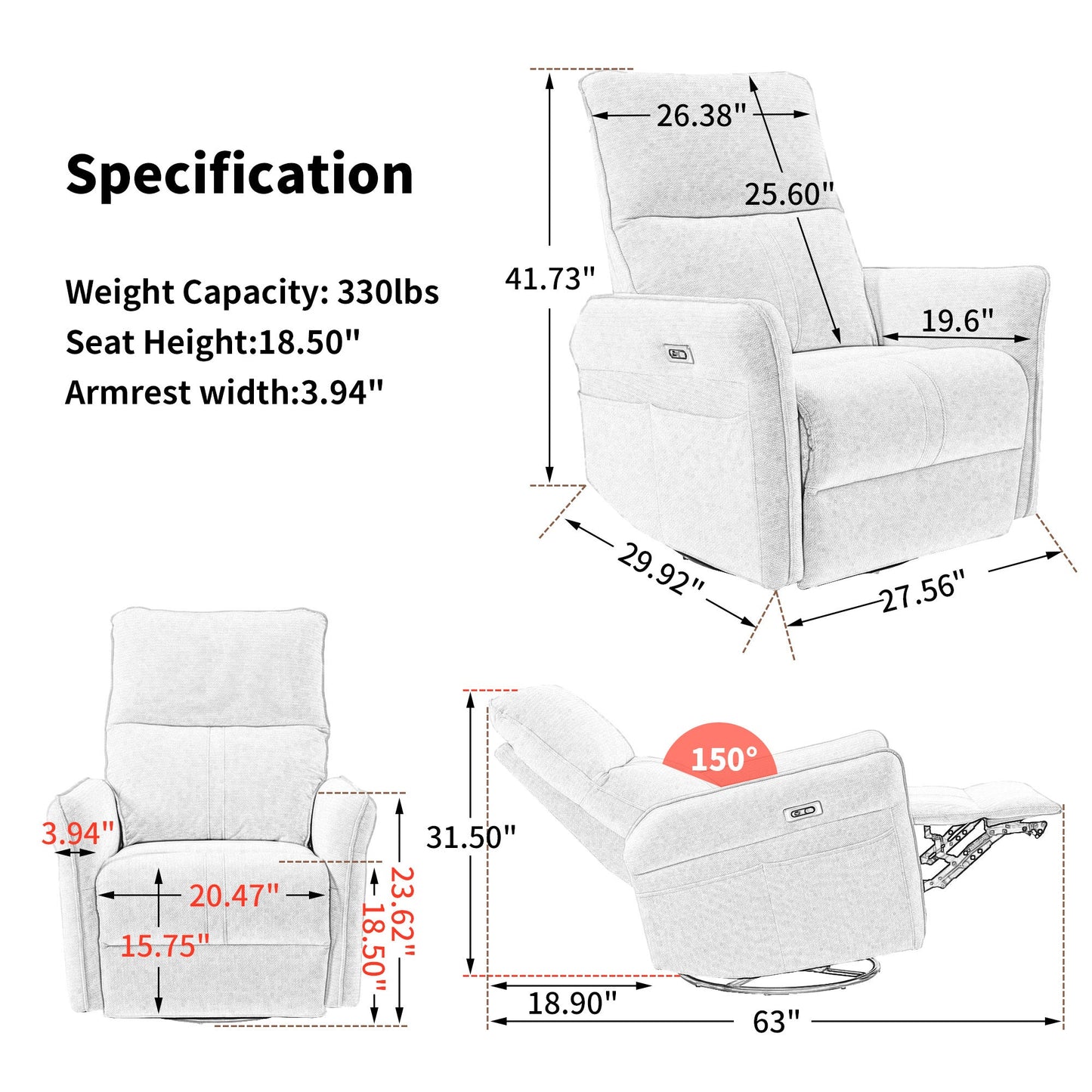 Power Swivel Rocker Recliner Chair for Adults