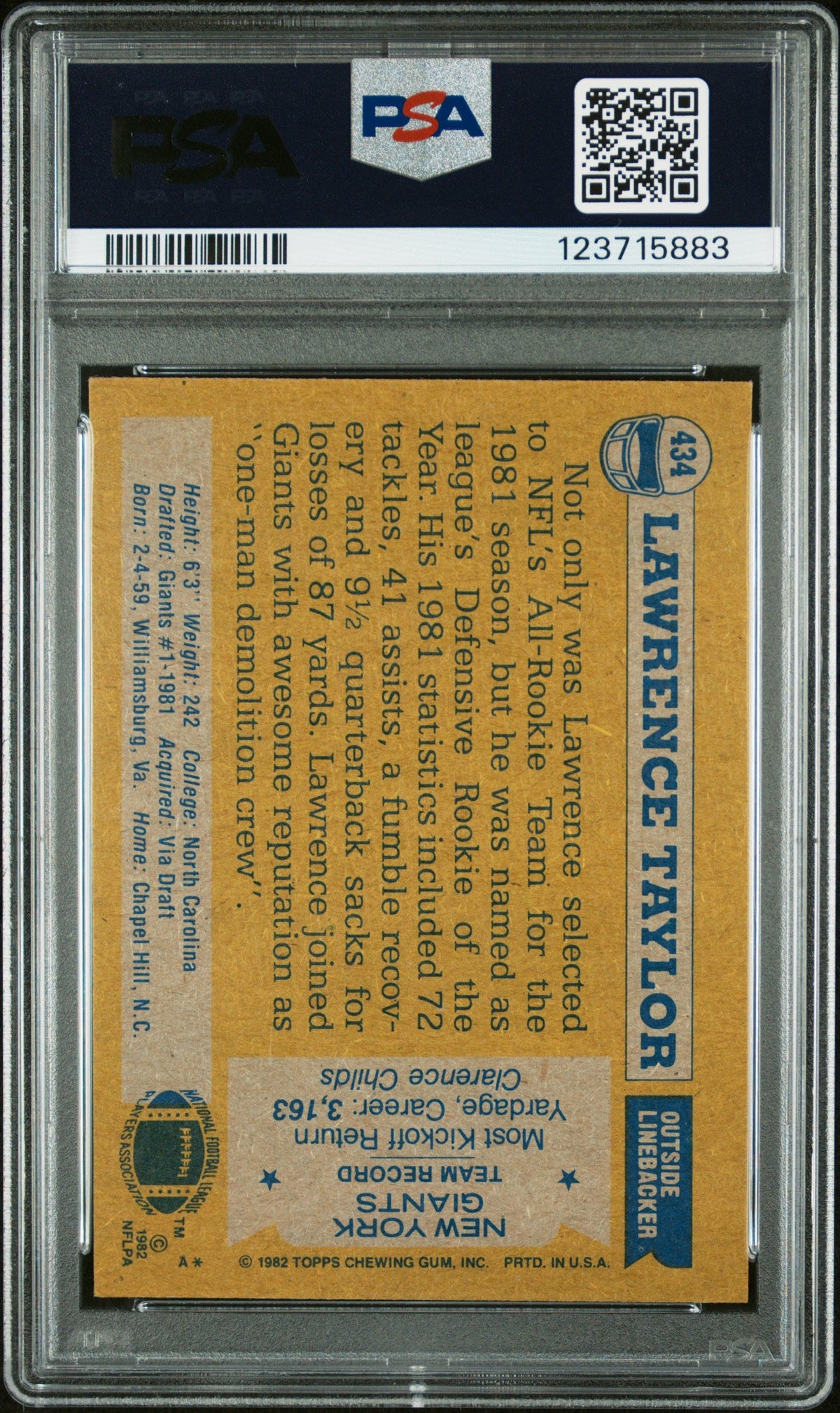 Graded 1982 Topps Lawrence Taylor #434 Rookie RC Signed Football Card PSA 9 Card - Auto Grade 10