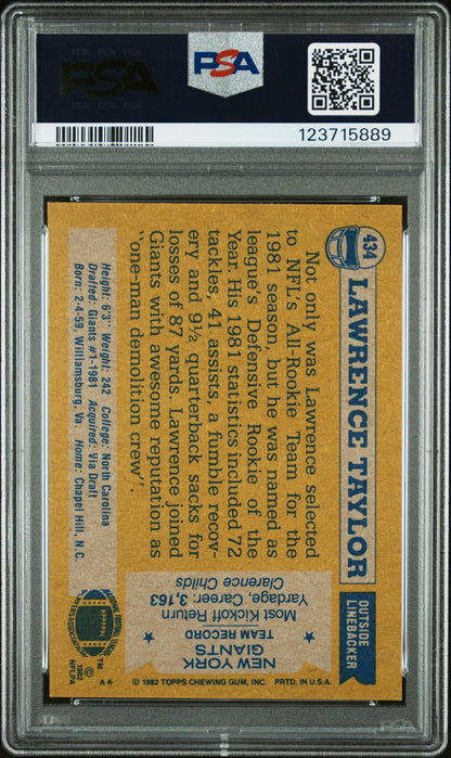 Graded 1982 Topps Lawrence Taylor #434 Rookie RC Signed Football Card PSA 4 Card - Auto Grade 8