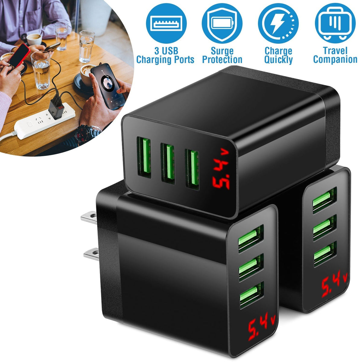 3 Packs 3-Port USB Wall Charger USB Hub Charger Wall Power Charging Plug Adapter Fit For Samsung Galaxy S9/S8 Note 8/9 iPhone Pad Tablet and More USB