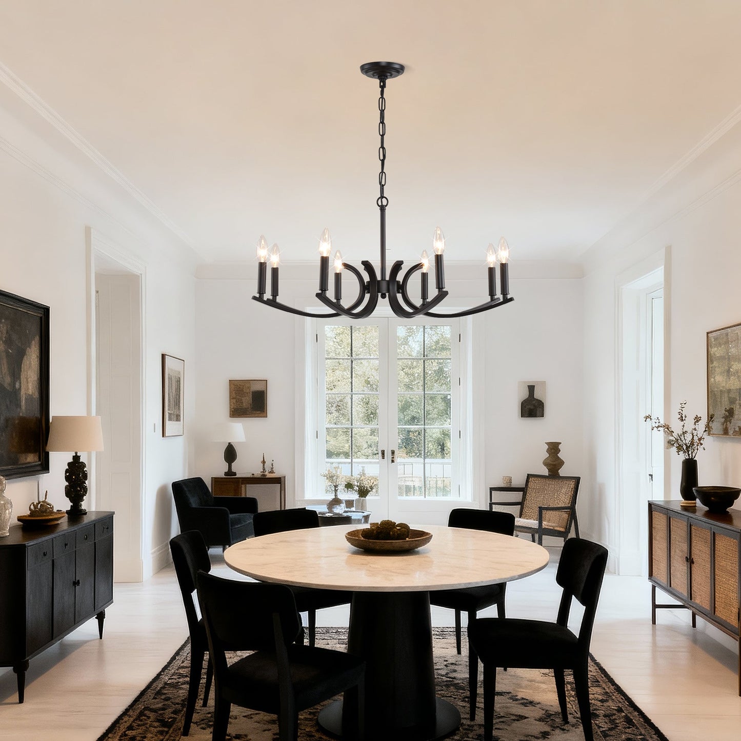 8-Light Farmhouse Chandelier, Black Metal