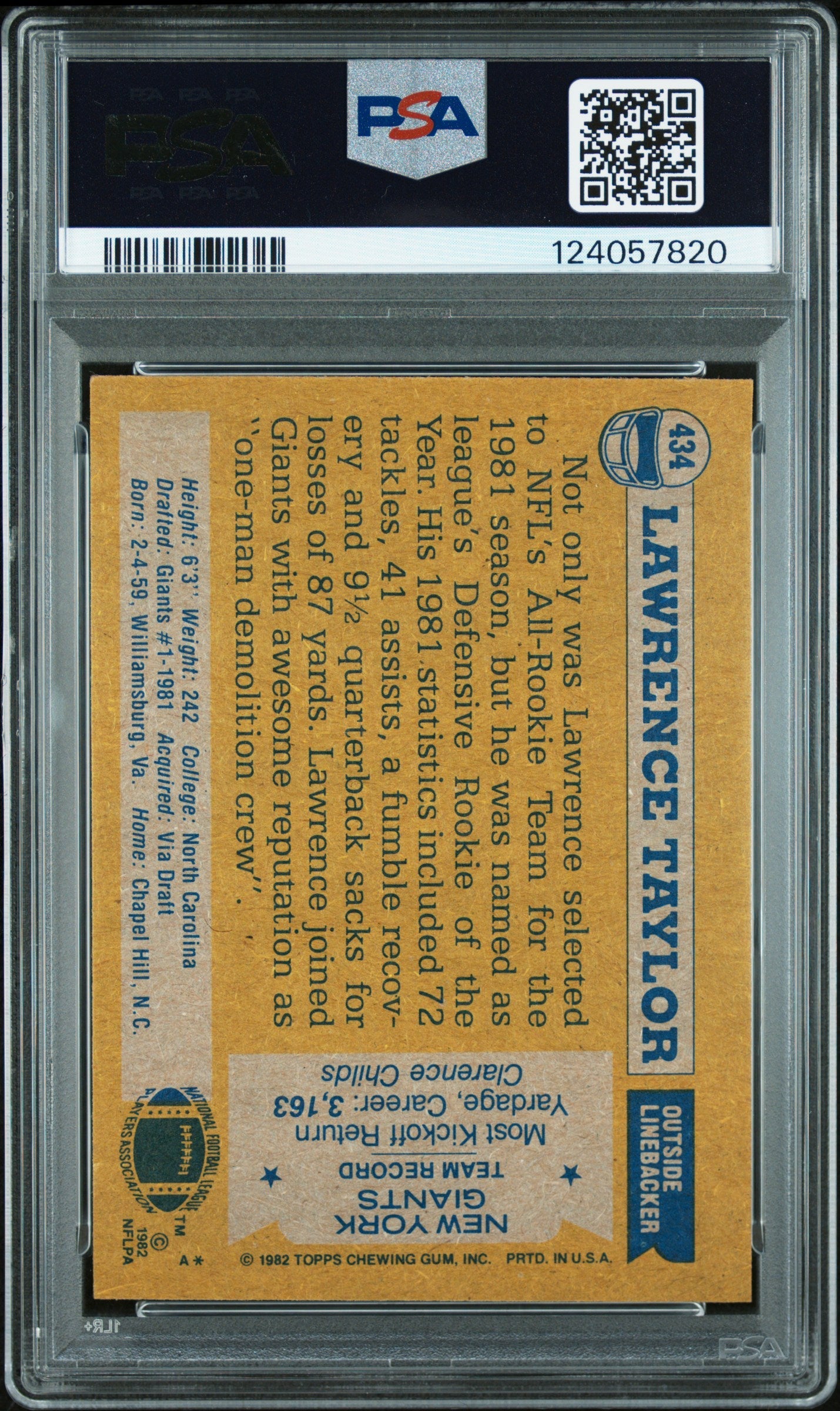 Graded 1982 Topps Lawrence Taylor #434 Rookie RC Signed Football Card PSA 7 Card - Auto Grade Authentic