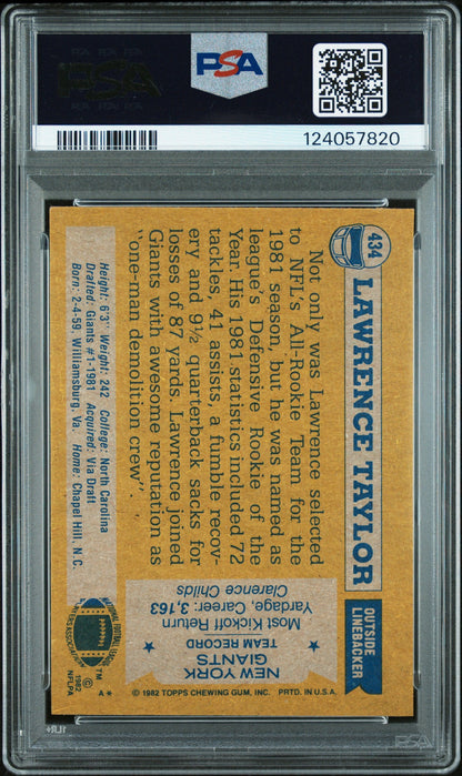Graded 1982 Topps Lawrence Taylor #434 Rookie RC Signed Football Card PSA 7 Card - Auto Grade Authentic